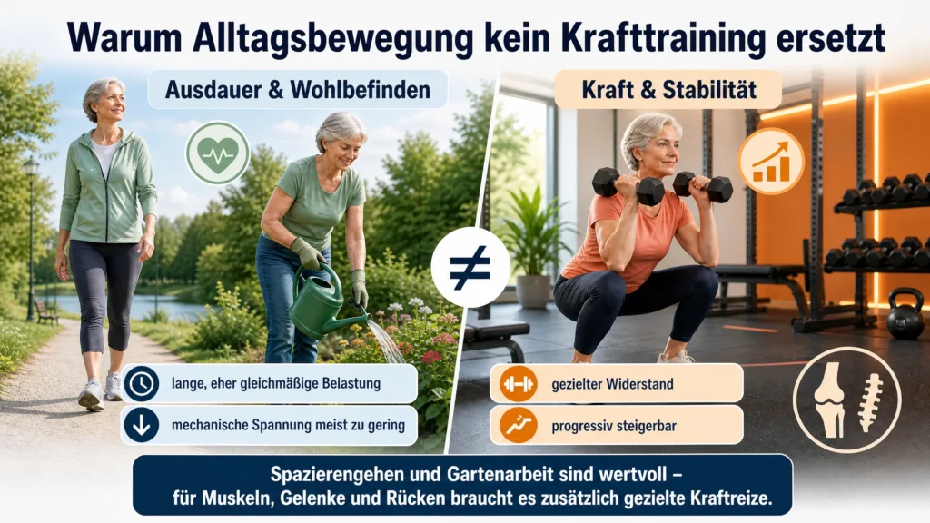 Infografik: links Spazieren und Gartenarbeit für Ausdauer und Wohlbefinden mit langer, gleichmäßiger Belastung, rechts Krafttraining für Kraft und Stabilität mit gezieltem, progressiv steigerbarem Widerstand
