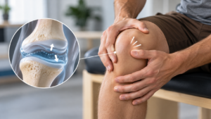 Mann hält sein Knie, daneben eine Ausschnittzeichnung des Gelenkspalts mit Gasbläschen
