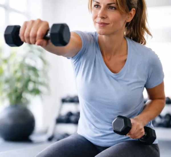 Woman in a light blue shirt seated on a bench, lifting a dumbbell in front as part of a shoulder exercise in a bright gym.