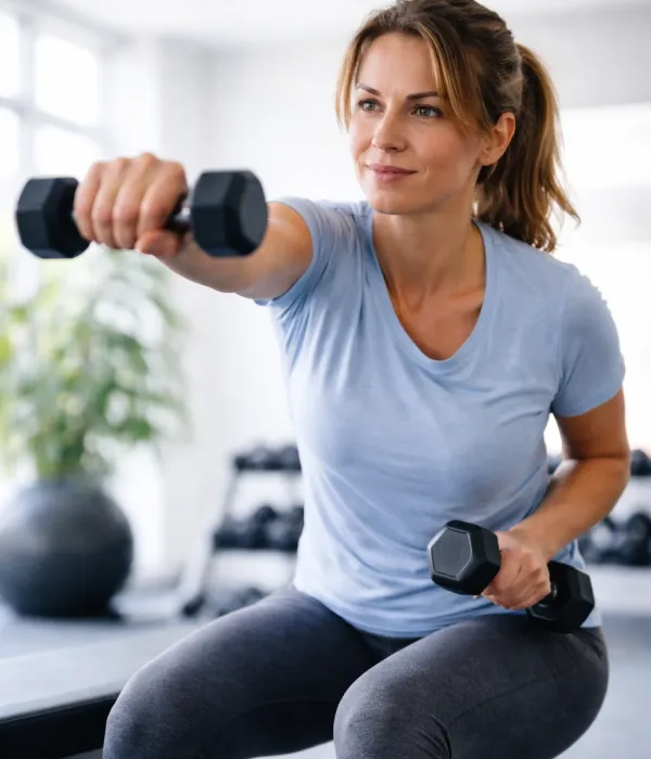 Woman in a light blue shirt seated on a bench, lifting a dumbbell in front as part of a shoulder exercise in a bright gym.